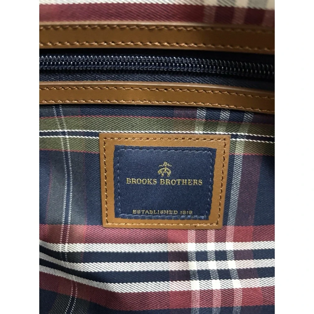 Brooks Brothers Navy Canvas Leather Trim Weekender Duffel Travel Bag Plaid